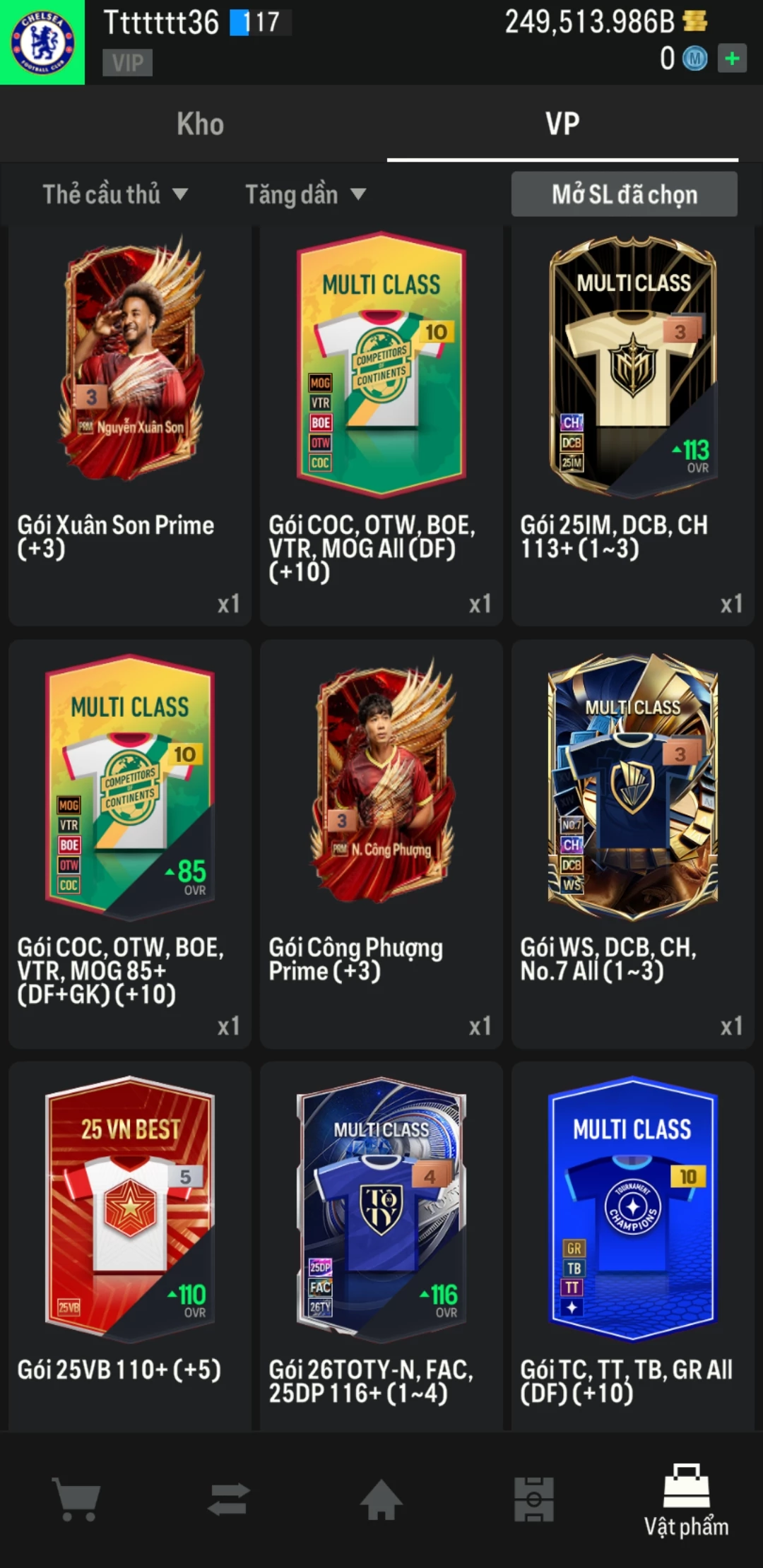 Ảnh ACC mở thẻ (LOẠI SVIP PROMAX) bao gồm có 02 thẻ +12, 04 thẻ PRIME (QH+, CP+, XS+, HĐ+) và hơn 1600+ thẻ cầu thủ từ Siêu sao đến Miền núi các loại. Acc có sẵn BP trắng từ 230.000 tỷ BP đến 250.000 tỷ BP kèm theo nhiều ngày SVIP